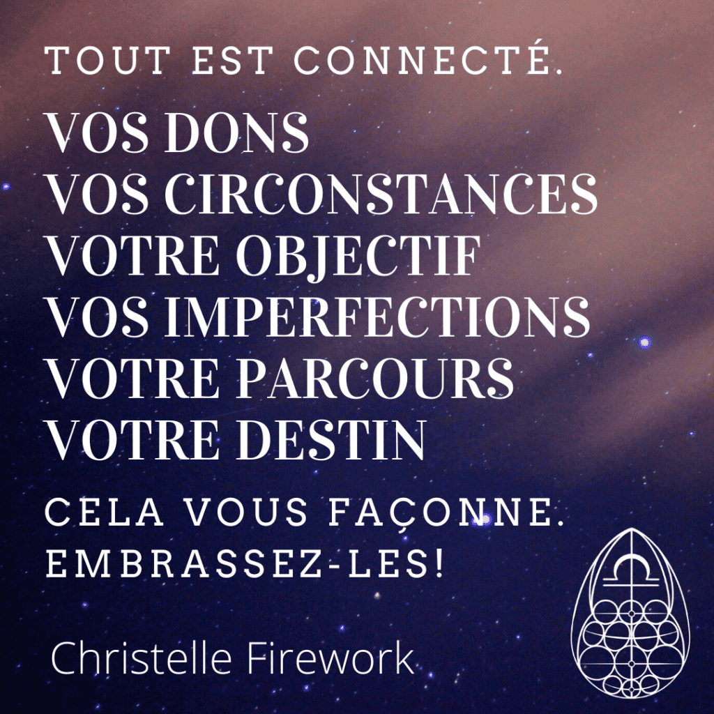 Tout est connecté. Vos dons, vos circonstances, votre objectif, vos imperfections, votre parcours, votre destin. Cela vous façonne. Embrasse le.